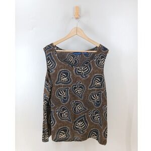 Karen Scott Silk Blouse Women XL Brown Black Leaf Print Sleeveless Top